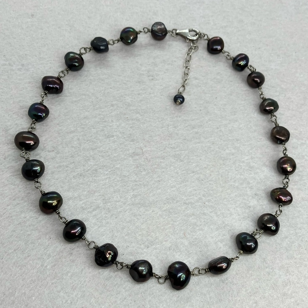 Vtg Sterling Silver Peacock Purple Freshwater Pearl Necklace